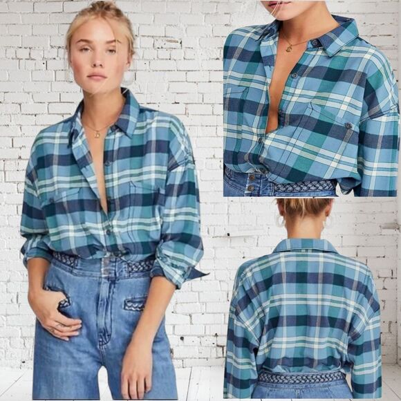 Free People Tops - FREE PEOPLE Small Loveland Plaid Button Down Shirt Winter Sea Oversized Fray Hem